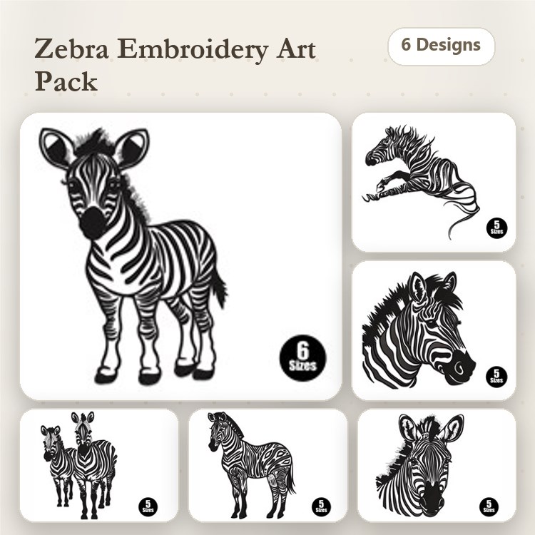 Zebra Embroidery Designs Bundle – Standing Zebra, Zebra Profile, Zebra Close-Up & More (6 Designs)