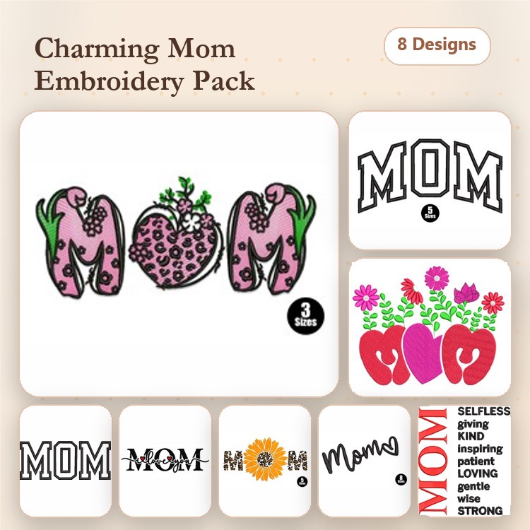 Mom-Themed Embroidery Designs Bundle – Floral Mom, Bold MOM, Heart MOM & More (8 Designs)