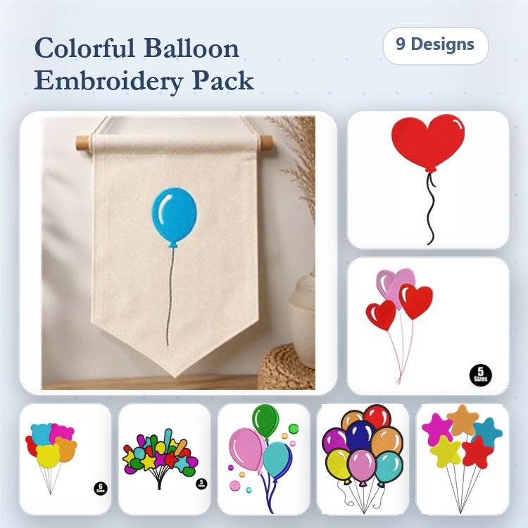 Colorful Balloon Embroidery Designs Bundle – Blue Balloon, Red Balloon, Pink Heart Balloon & More (9 Designs)