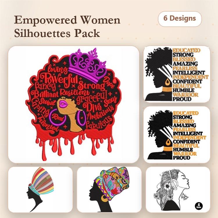Empowered Women Silhouettes Embroidery Designs Bundle – Crowned Woman, Woman with Hat, Profile Woman & More (6 Designs)