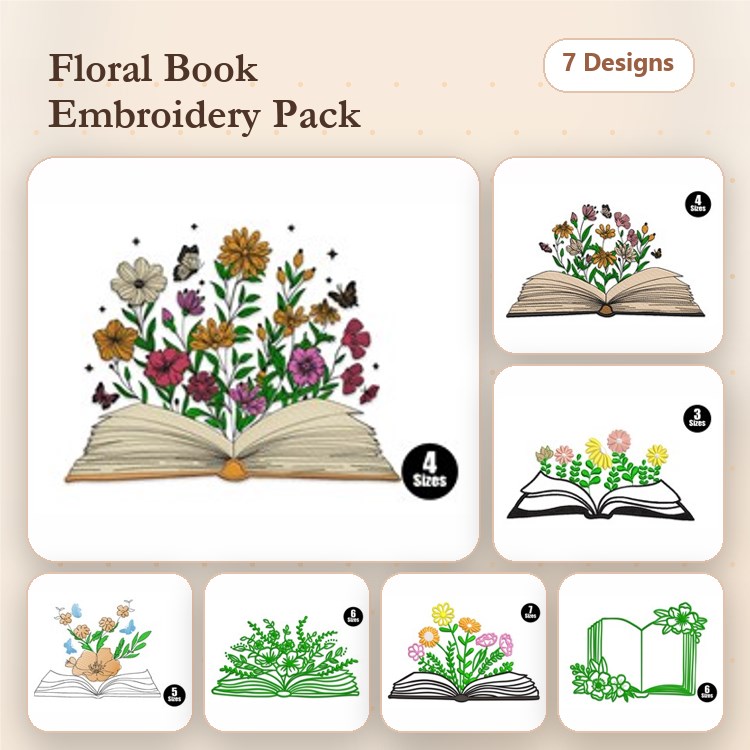 Floral Book Embroidery Designs Bundle – Open Book with Flowers, Floral Bouquet, Potted Flowers & More (7 Designs)
