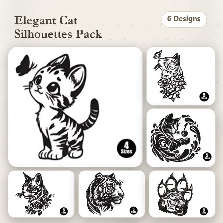 Elegant Cat Silhouettes Embroidery Designs Bundle – Cat with Butterfly, Floral Cat, Swirling Cat & More (6 Designs)