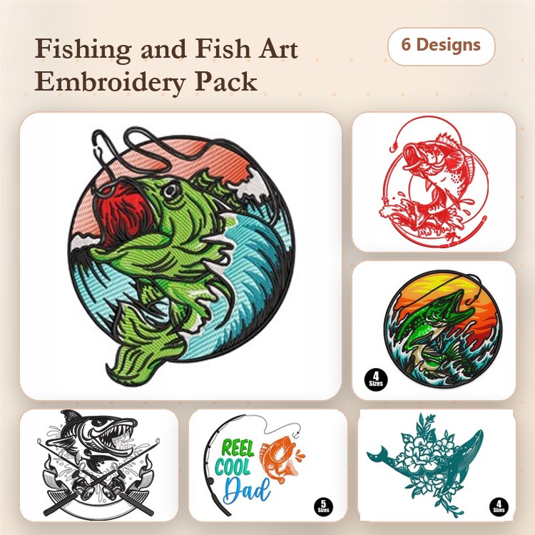 Fishing and Fish Art Embroidery Designs Bundle – Bass Fish, Shark with Crossed Hooks, Reel Cool Dad & More (6 Designs)