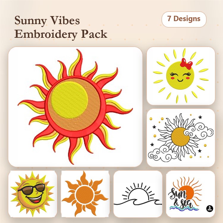 Sunny Weather Embroidery Designs Bundle – Happy Sun, Sunglasses Sun, Sunburst & More (7 Designs)