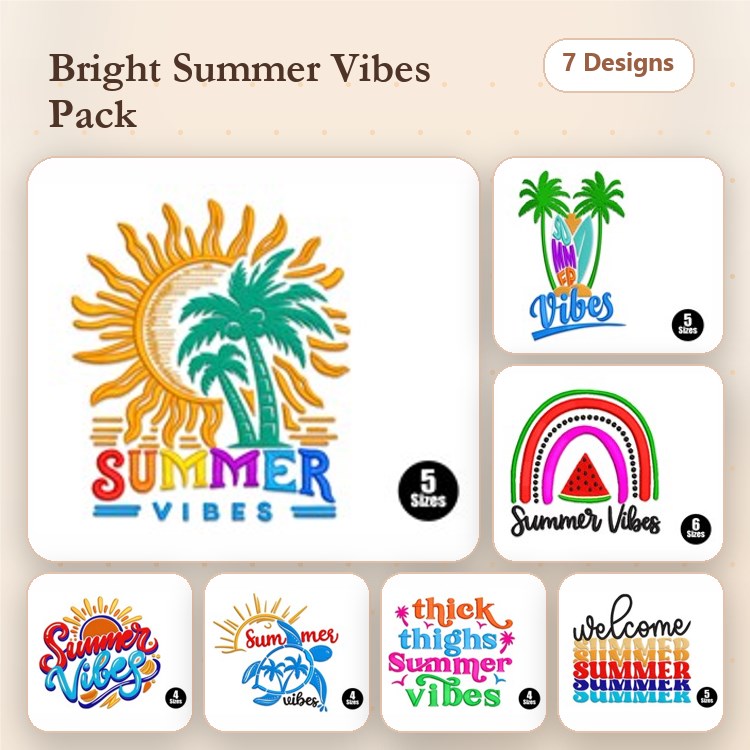 Bright Summer Vibes Embroidery Designs Bundle – Sun with Palm Trees, Rainbow, Text Vibes & More (7 Designs)