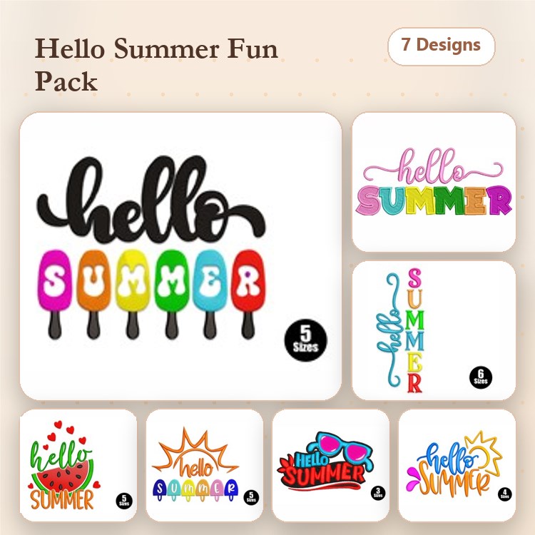 Summer Themed Embroidery Designs Bundle – Hello Summer with Popsicles, Colorful Summer Text & More (7 Designs)