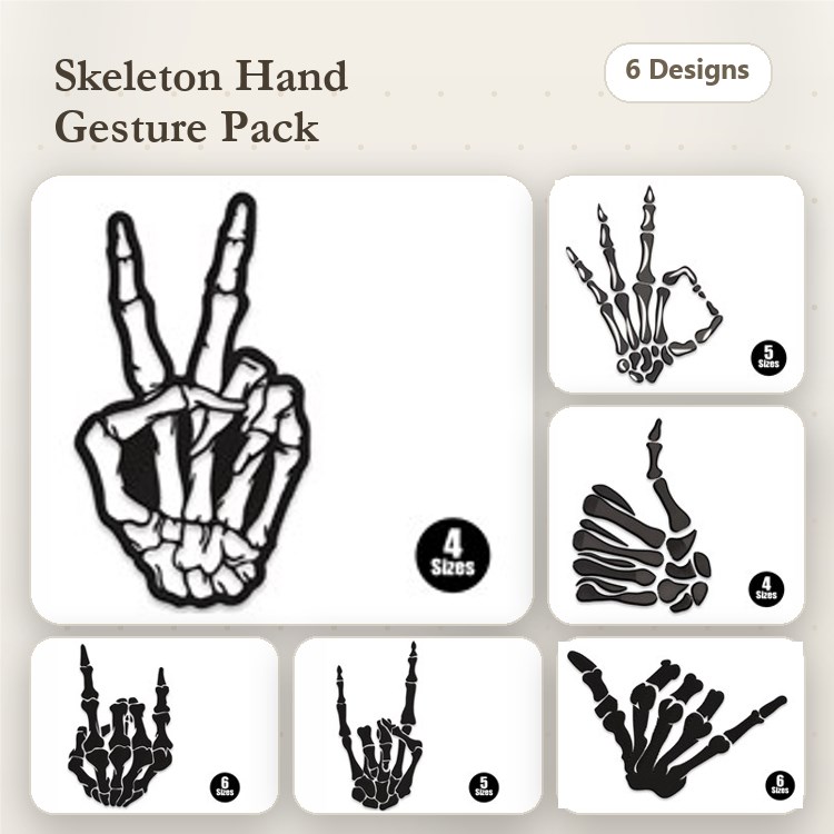 Skeleton Hand Gestures Embroidery Designs Bundle – Peace Sign, Finger Heart, Thumbs Up & More (6 Designs)