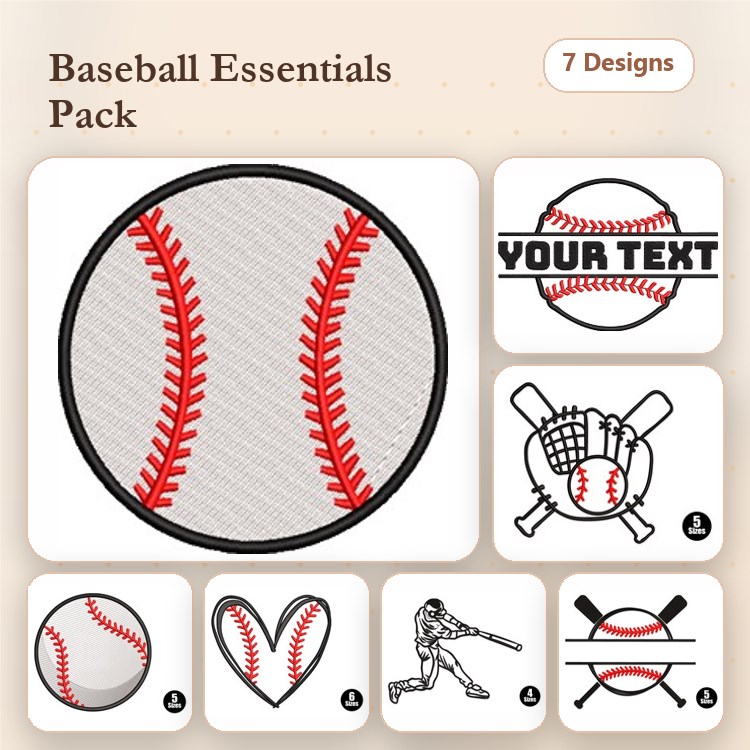 Baseball Embroidery Bundle – Baseball, Baseball Heart, Baseball Player & More (7 Designs)