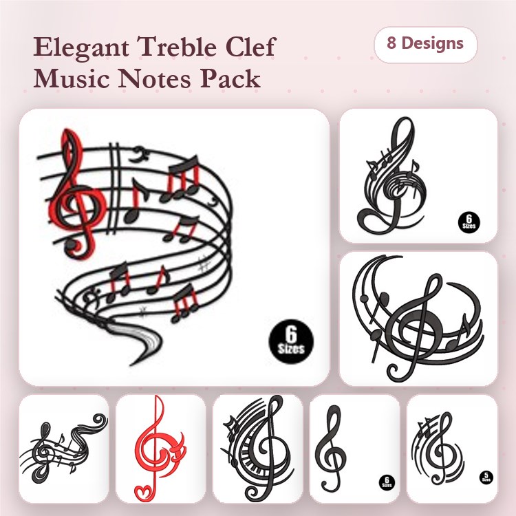 Musical Notes Embroidery Designs Bundle – Treble Clef, Red Musical Note, Heart Musical Note & More (8 Designs)