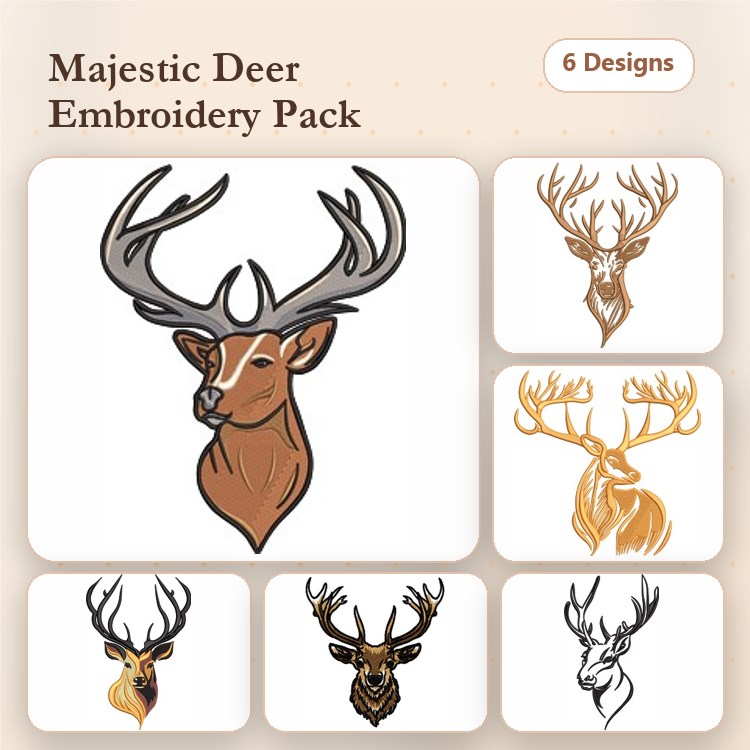 Majestic Deer Embroidery Bundle – Deer Head with Antlers, Elegant Deer Silhouette, Detailed Deer Face & More (6 Designs)