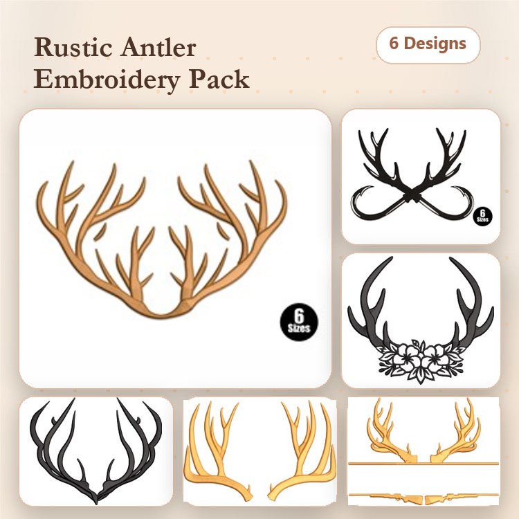 Antler Embroidery Designs Bundle – Antler with Floral, Antler Twist, Antler Silhouette & More (6 Designs)