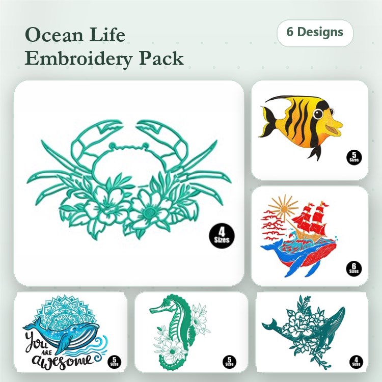 Ocean Life Embroidery Designs Bundle – Crab with Flowers, Tropical Fish, Sailing Ship & More (6 Designs)