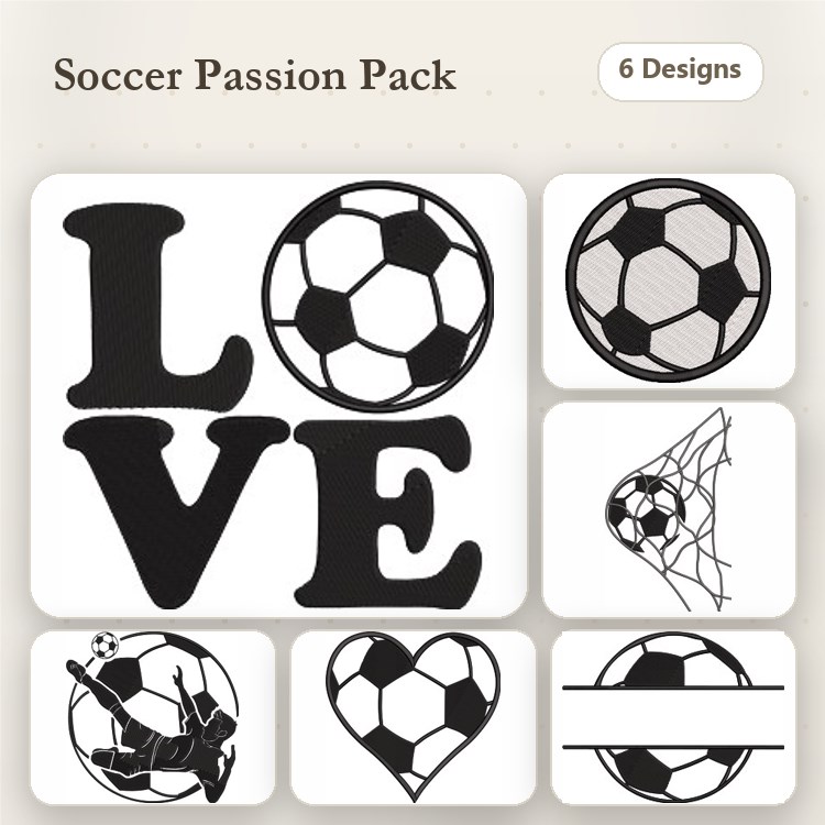 Soccer Love Embroidery Designs Bundle – Soccer Ball, Soccer Net, Heart & More (6 Designs)