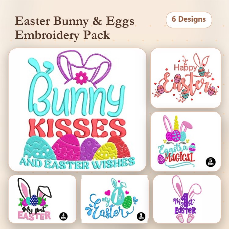 Easter Bunny & Eggs Embroidery Designs Bundle – Bunny Kisses and Easter Wishes, Happy Easter, & More (6 Designs)