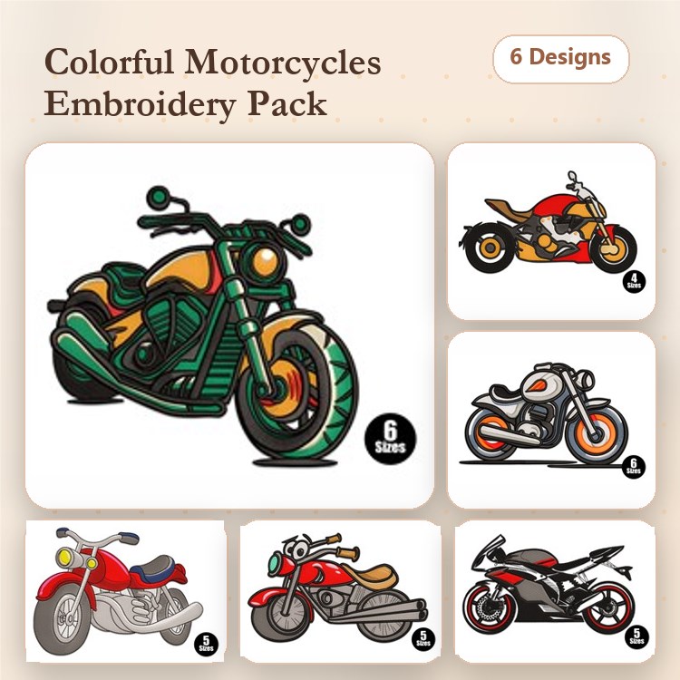 Colorful Motorcycles Embroidery Designs Bundle – Chopper Motorcycle, Sportbike Motorcycle, Cruiser Motorcycle & More (6 Designs)