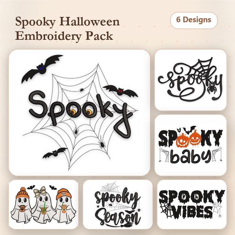 Halloween Characters & Spooky Text Embroidery Designs Bundle – Spooky Baby, Ghosts with Hats, Spooky Vibes & More (6 Designs)