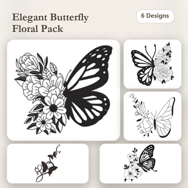 Butterflies with Floral Elements Embroidery Designs Bundle – Butterfly with Flowers, Floral Butterfly, Detailed Butterfly & More (6 Designs)