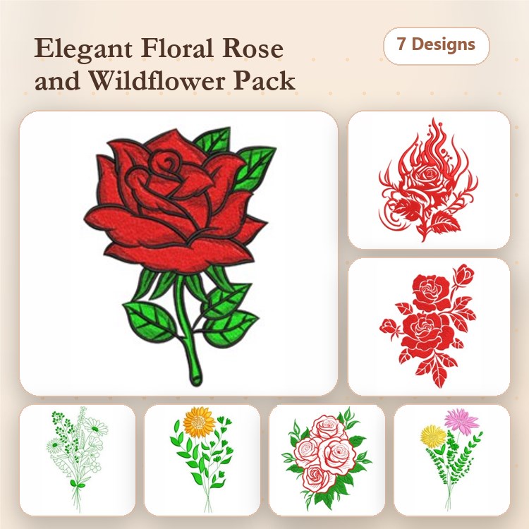 Floral Embroidery Designs Bundle – Red Rose, Wildflower Arrangement, Pink Floral Bouquet & More (7 Designs)