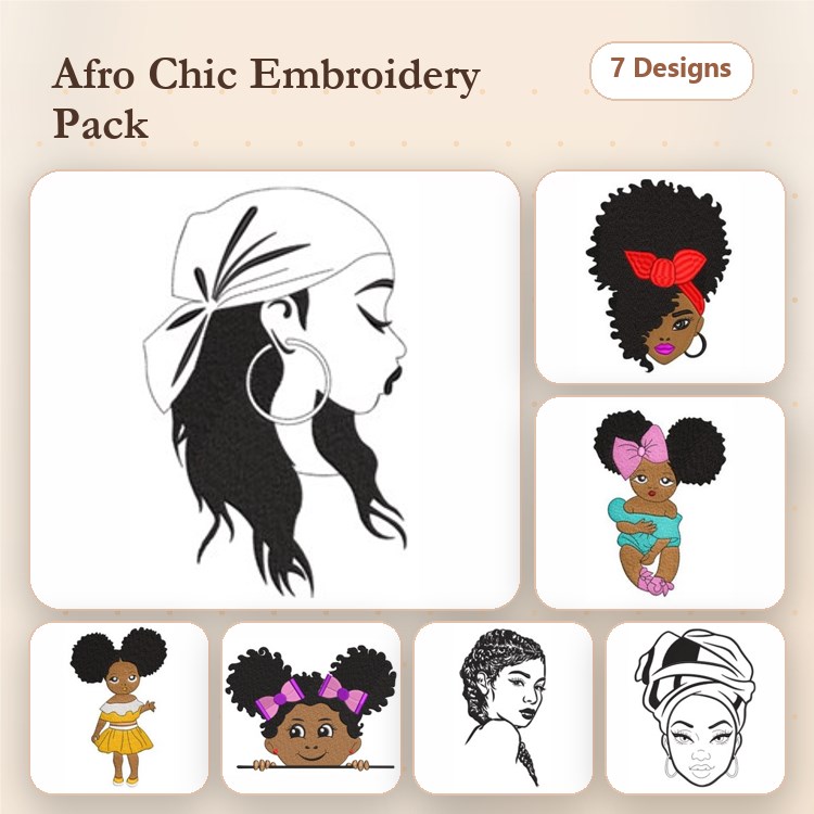 Afro Chic Hairstyles Embroidery Designs Bundle – Girl with Scarf, Girl with Red Bow, Girl with Flowers & More (7 Designs)