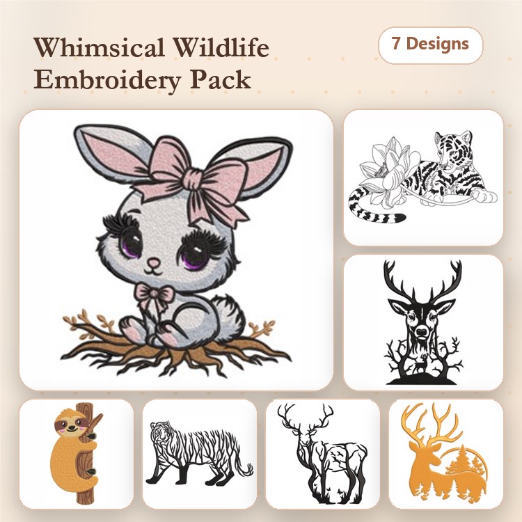 Whimsical Wildlife Embroidery Designs Bundle – Cartoon Rabbit, Tiger with Plants, Deer Family & More (7 Designs)