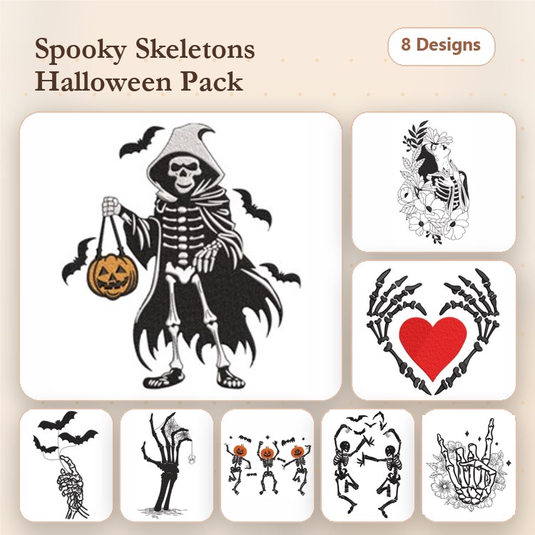 Halloween Skeletons Embroidery Designs Bundle – Skeleton with Pumpkin, Skeleton Dance, Skeleton in Cloak & More (8 Designs)