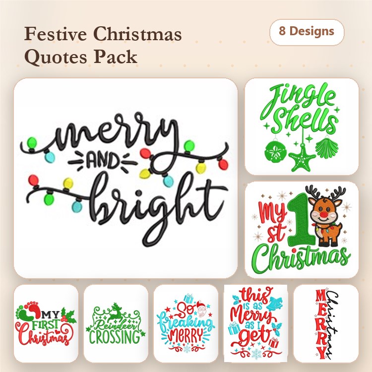 Festive Christmas Quotes Embroidery Designs Bundle – Merry and Bright, Jingle Shells, My 1st Christmas & More (8 Designs)