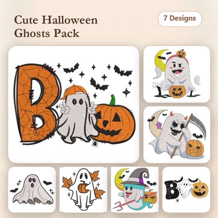 Halloween Ghosts Embroidery Designs Bundle – Ghost with Pumpkin, Ghost with Witch Hat, Happy Ghost & More (7 Designs)