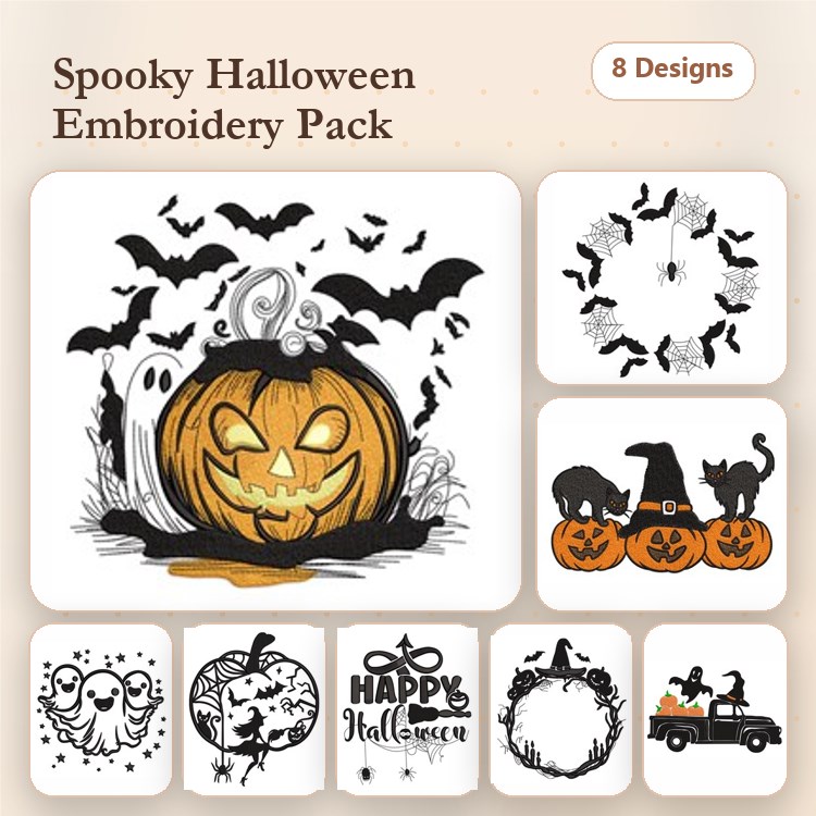 Spooky Halloween Embroidery Designs Bundle – Jack-o'-Lantern, Halloween Ghosts, Black Cats & More (8 Designs)