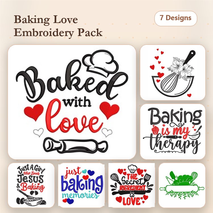 Baking Love Embroidery Designs Bundle – Baked with Love, Baking is my Therapy, Whisk and Hearts & More (7 Designs)