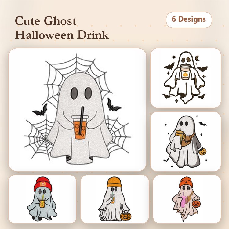 Cute Ghosts with Drinks Embroidery Designs Bundle – Ghost with Orange Drink, Ghost with Coffee, Ghost with Halloween Hat & More (6 Designs)