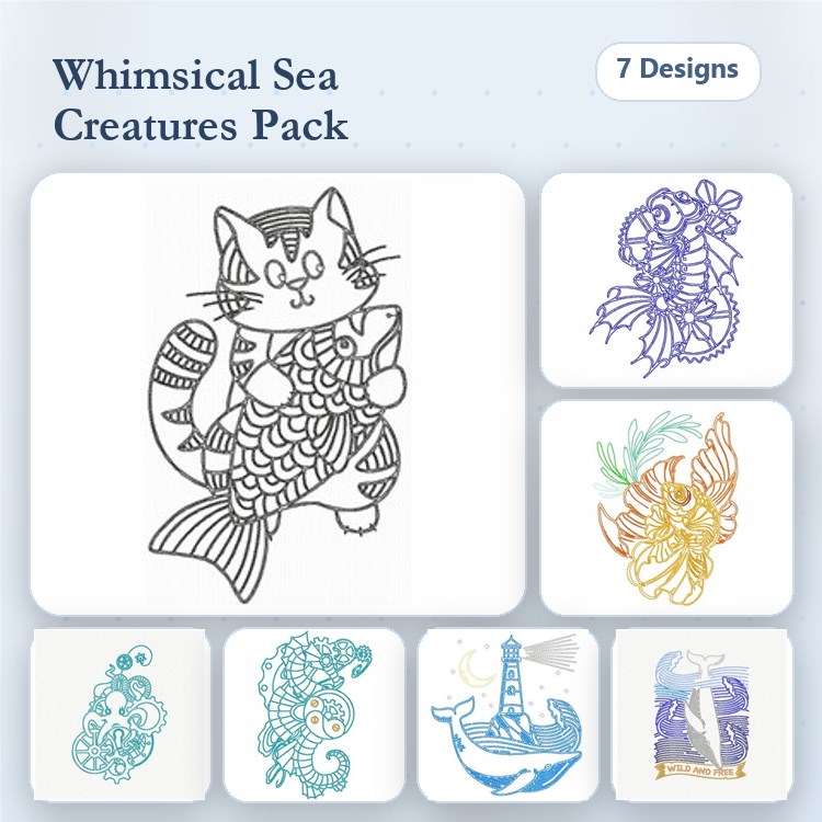 Redwork Sea Creatures Embroidery Designs Bundle – Cat with Fish, Lobster, Angelfish & More (7 Designs)