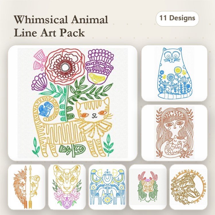 Cat & Lion Embroidery Bundle – Floral & Animal Designs (11 Designs)