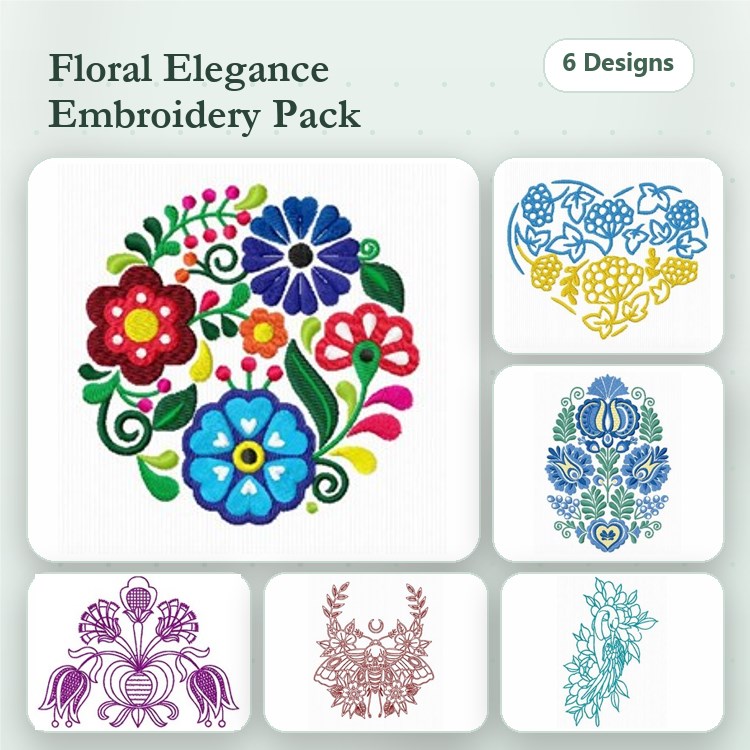 Floral Embroidery Designs Bundle – Floral Round, Floral Heart, Tulip Design & More (6 Designs)
