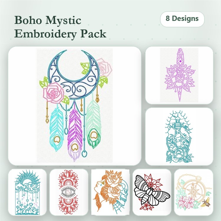 Bohemian Mystic Embroidery Designs Bundle – Dreamcatcher with Feathers, Floral Mandala, Butterfly Design & More (8 Designs)