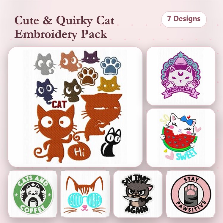 Cute and Quirky Cat Embroidery Bundle – Cartoon Cat, Paw Print, Stay Pawsitive & More (7 Designs)