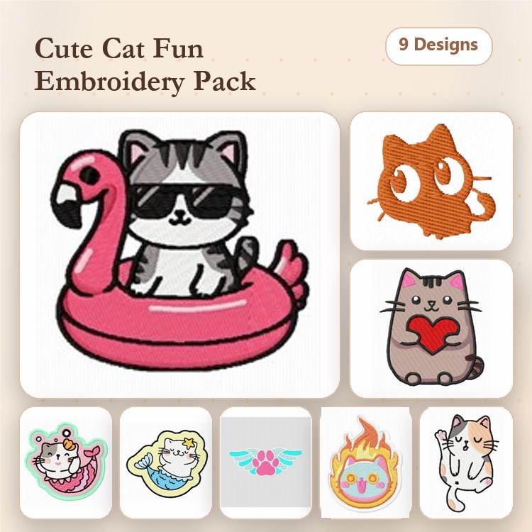 Cute Cat Embroidery Designs Bundle – Cat with Flamingo Float, Orange Cat Face, Cat with Heart & More (9 Designs)