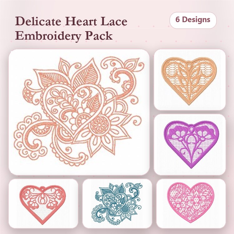 FSL Delicate Lace Heart Embroidery Bundle – Intricate Heart with Swirls, Floral Heart, Geometric Heart & More (6 Designs)