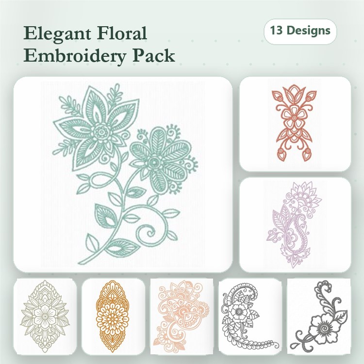 Elegant Floral Embroidery Designs Bundle – Floral Bouquets, Ornate Swirl Flower, Lace Floral Design & More (13 Designs)