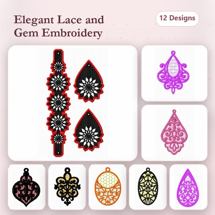 FSL Elegant Lace & Gem Embroidery Designs Bundle – Lace Band, Floral Pendant, Ornate Gem & More (12 Designs)