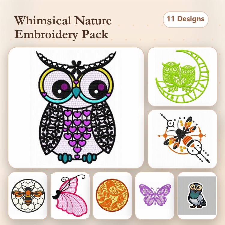 Nature Embroidery Designs Bundle – Owl with Flowers, Two Owls on Moon, Bee with Floral Elements & More (11 Designs)