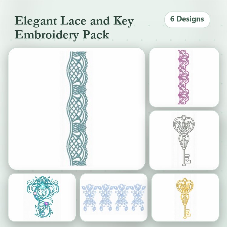 FSL Lace & Key Embroidery Designs Bundle – Lace Border, Floral Lace, Ornamental Lace & More (6 Designs)