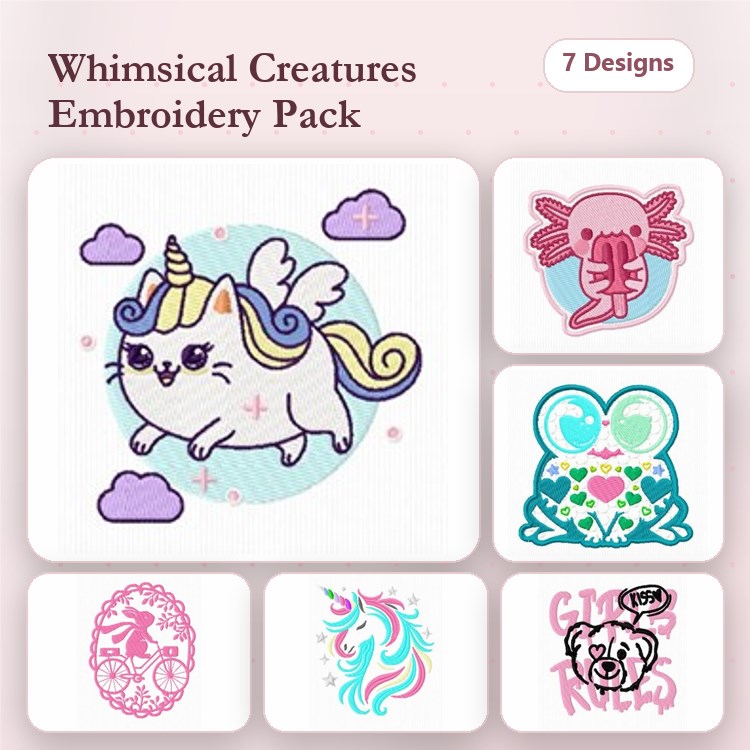 Whimsical Creatures Embroidery Designs Bundle – Unicorn Cat, Octopus with Hearts, Frog with Heart & More (7 Designs)