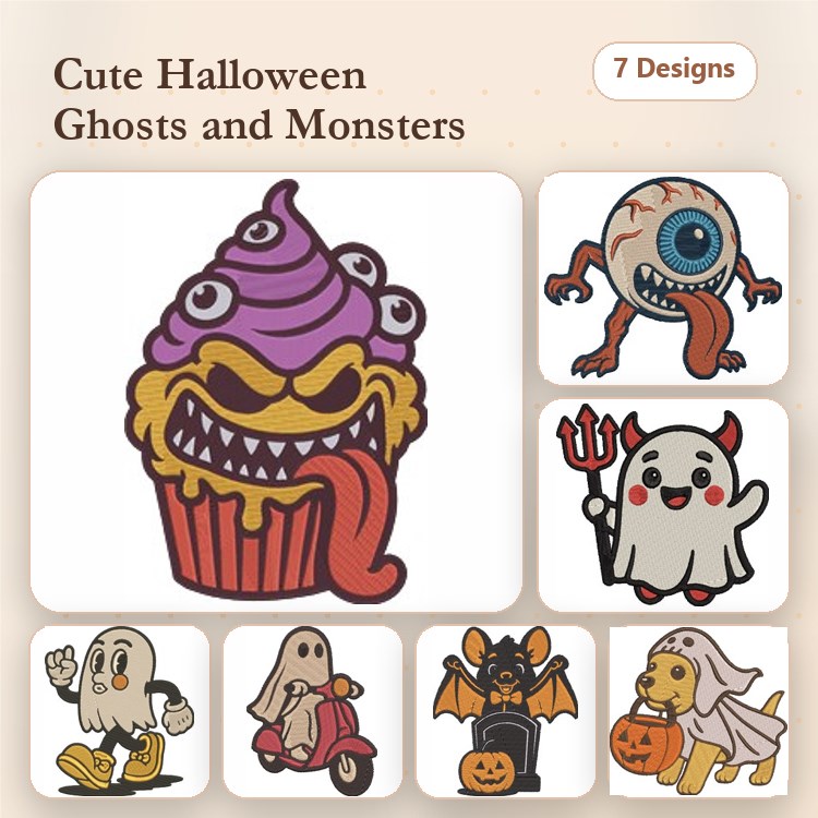 Monster, Ghost & Cupcake Embroidery Bundle – Halloween Fun (7 Designs)
