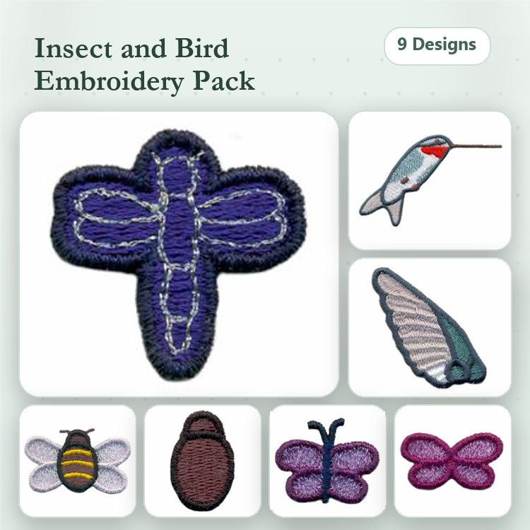 FSL Insects and Birds Embroidery Bundle – Dragonfly, Hummingbird, Butterfly, Bee & More (9 Designs)