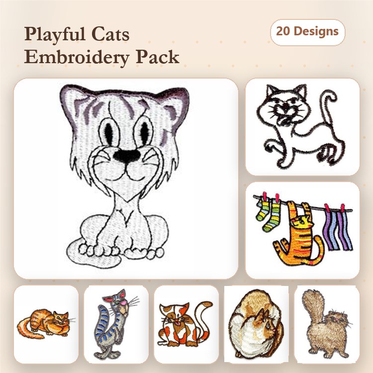 Playful Cats Embroidery Designs Bundle – Tiger Cat, Cartoon Cat, Cats Hanging Laundry & More (20 Designs)