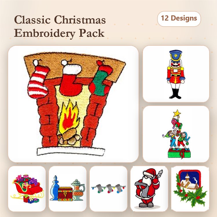 Classic Christmas Embroidery Designs Bundle – Fireplace with Stockings, Nutcracker, Santa Claus & More (12 Designs)