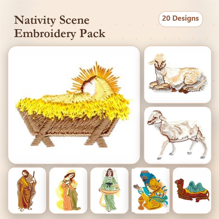 Nativity Scene Embroidery Designs Bundle – Baby Jesus, Mary, Joseph, Angel & More (20 Designs)