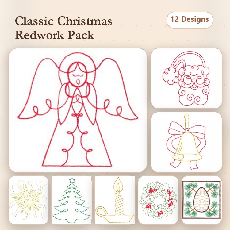 Redwork Classic Christmas Embroidery Bundle – Angel, Santa, Christmas Bell & More (12 Designs)