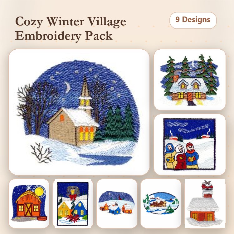 Cozy Winter Village Embroidery Bundle – Snowy Church, Countryside House, Snowman Couple & More (9 Designs)