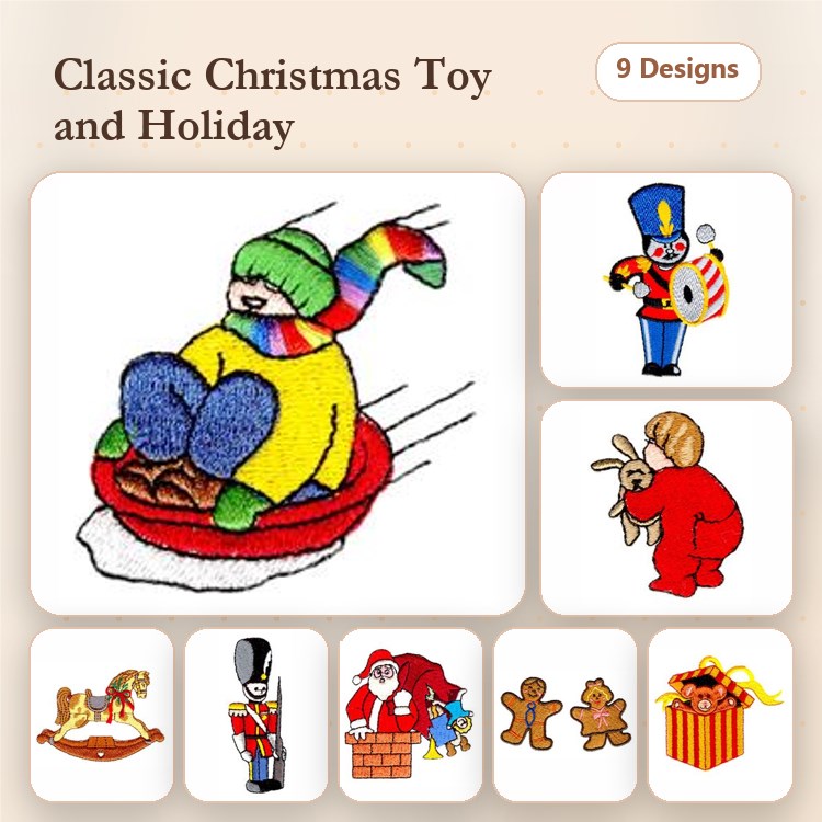 Classic Christmas Embroidery Designs Bundle – Child on Sled, Santa Claus, Gingerbread Man & More (9 Designs)